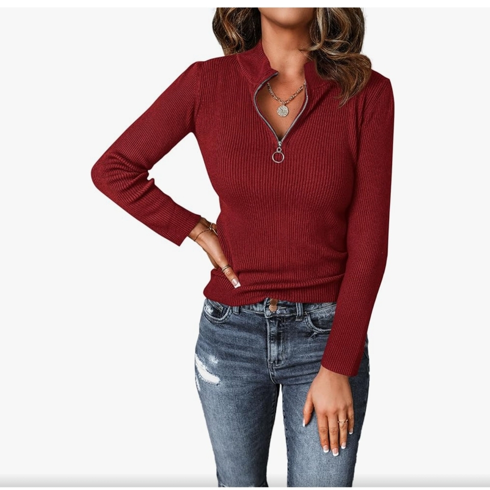 Women's Red Zip-Up Ribbed Sweater New